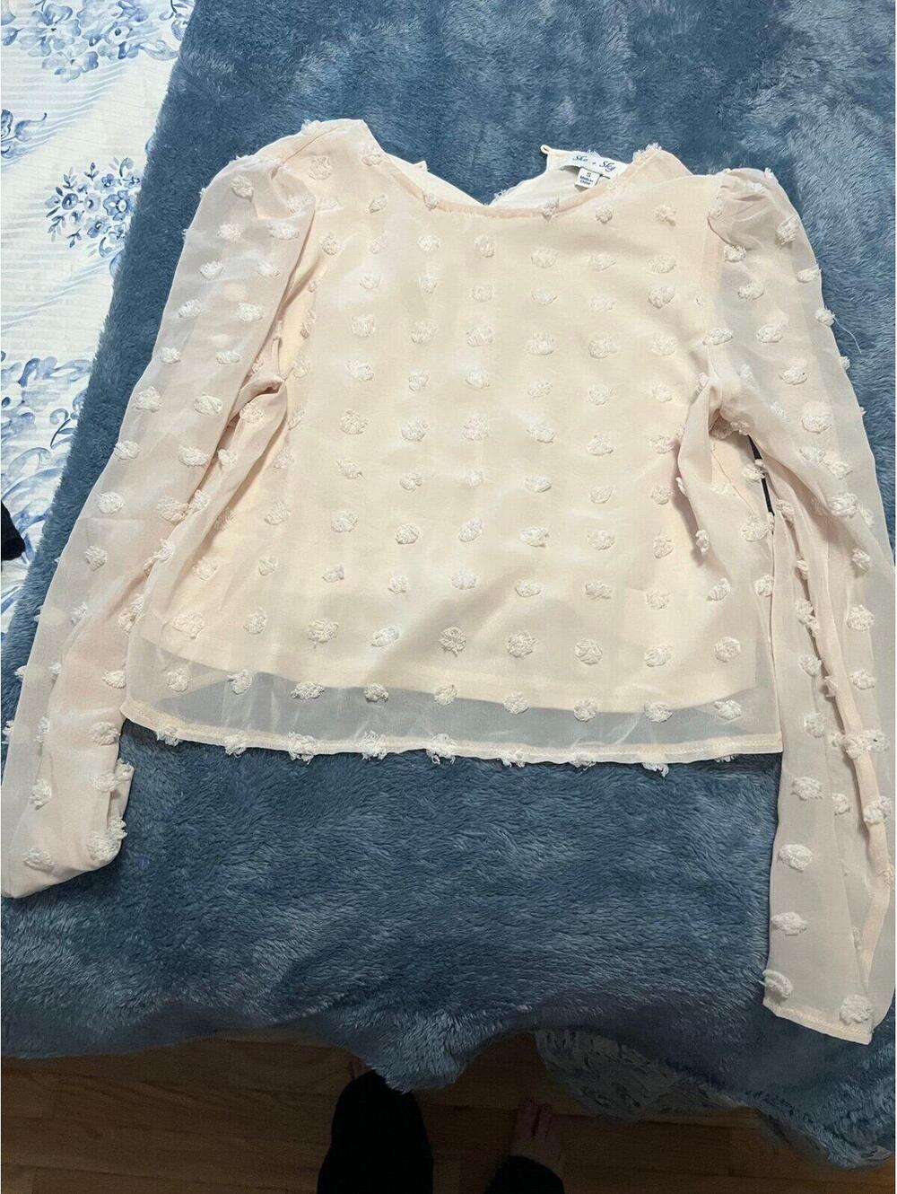 She + Sky Sheer Long Sleeve Blouse with 3D Floral Applique - Size S